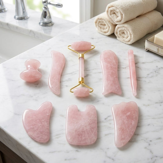 Natural Rose Quartz Roller Gua Sha Set